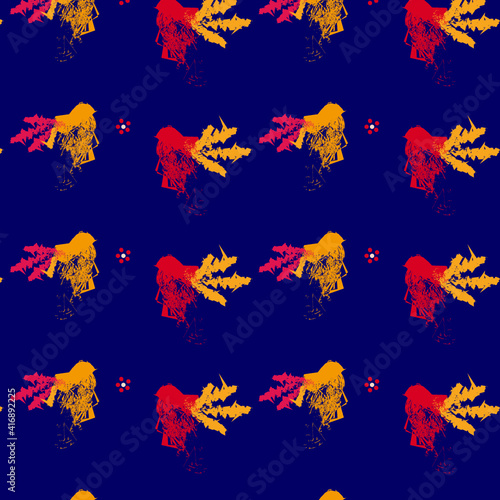 Colored drawn birds and flowers on a dark background.