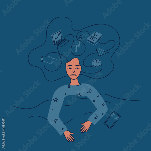Young woman with insomnia in bed. Concept of burnout, emotional exhaustion, deadline, very busy or a lot of work. The employee cannot sleep, problems at work. Vector illustration square composition