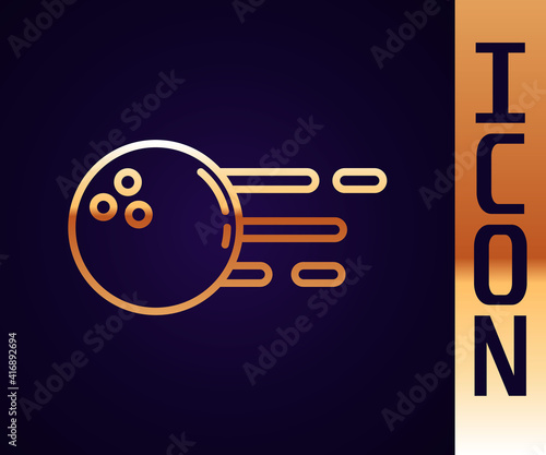Gold line Bowling ball icon isolated on black background. Sport equipment. Vector.