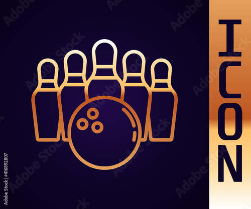 Gold line Bowling pin and ball icon isolated on black background. Sport equipment. Vector.