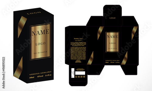 Perfume Packaging design, luxury box design template, Box die line, 3d Box Mockup, and Design elements. Illustration Vector design Template.

