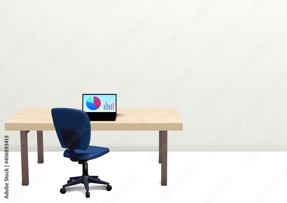 ワーキングスペース・オフィスチェア・デスク・ノートパソコン・グラフ　3DCG　白背景