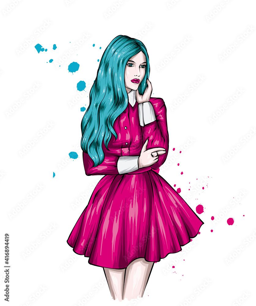 Fototapeta premium Beautiful girl in a stylish dress. Fashion and Style.