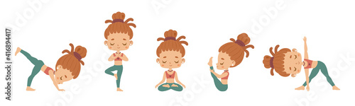 Set of flat girls doing yoga in different poses. Vector cartoon illustration.