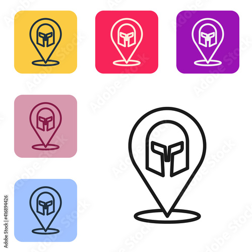Black line Greek helmet icon isolated on white background. Antiques helmet for head protection soldiers with a crest of feathers or horsehair. Set icons in color square buttons. Vector.