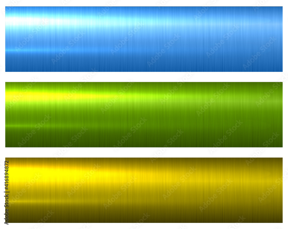 Metal green gold and blue textures, shiny brushed metallic backgrounds, vector illustration. Metal green gold and blue textures, shiny brushed metallic backgrounds, vector illustration.