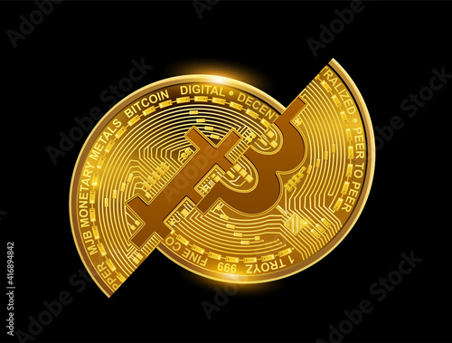 Bitcoin broken coin, business symbol of bitcoin split in half as economic crysis, gold on black isolated vector illustration.