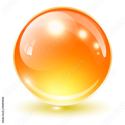 Glass sphere orange, vector shiny icon ball.