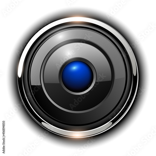 Glossy 3D button, silver chrome metallic with blue inside, vector shiny icon.