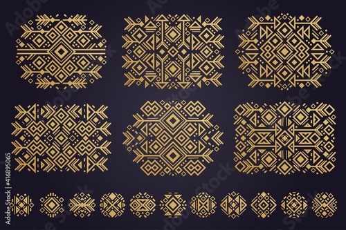 Aztec vector elements. Set of ethnic ornaments. Tribal design, geometric symbols for border, frame, tattoo, logo, cards, decorative works. Navajo motifs, isolated on black background. Vector