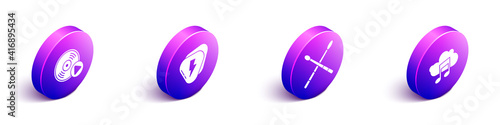 Set Isometric Vinyl disk, Guitar pick, Drum sticks and Music streaming service icon. Vector.