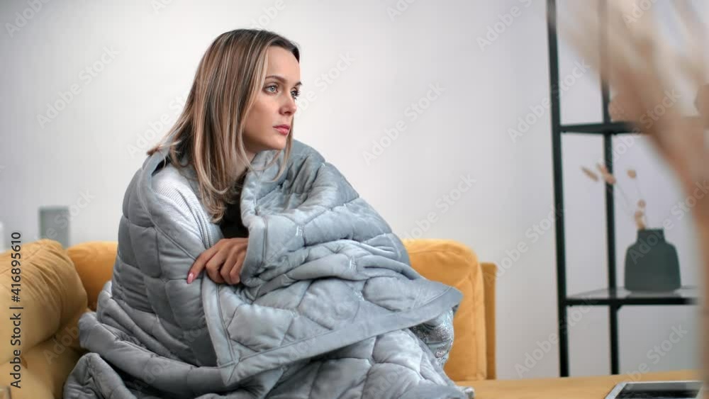 Unhappy female chill wrapped blanket apathy avitaminosis seasonal depression. 4k Dragon RED camera Unhappy female chill wrapped blanket apathy avitaminosis seasonal depression. 4k Dragon RED camera