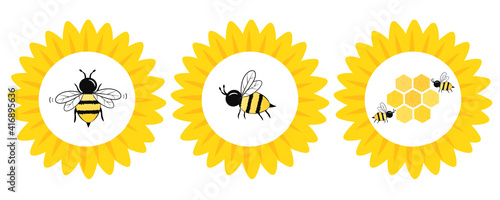 Sunflower with bee cartoon icon isolated on white background vector illustration.