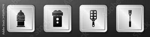 Set Condom safe sex, Vagina masturbator, Spanking paddle and Leather whip icon. Silver square button. Vector.