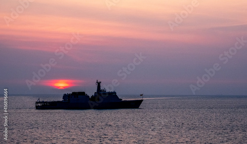 Sri Lanka Navy Ship Sayurala (P-623) at anchor off the coast of Colombo in the Indian Ocean © Rex Wholster