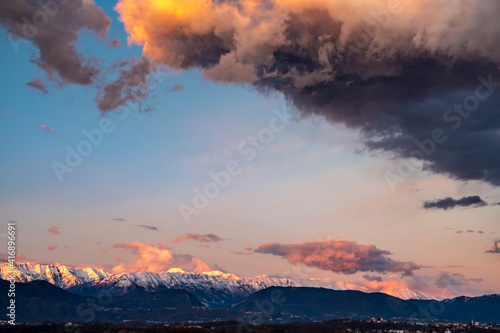 Winter colorful sunset in the countryside of Friuli-Venezia Giulia, Italy