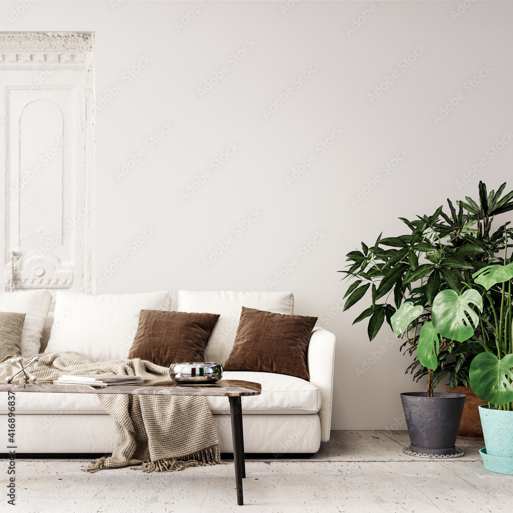 Naklejka premium Modern interior design with empty white mock up wall background and decorative house plants 3D Rendering, 3D Illustration