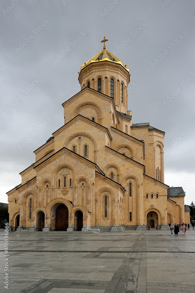 Sameba Cathedral in Tbilisi Georgia under rain