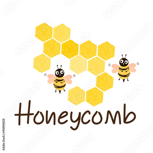 Honeycomb with hexagon grid cells and bee cartoon on white  background vector.