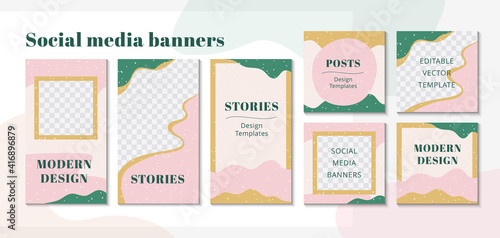 Abstract design backgrounds for social media apps. Set of editable banners templates. Modern story mockup for blog or shop. Vector illustration