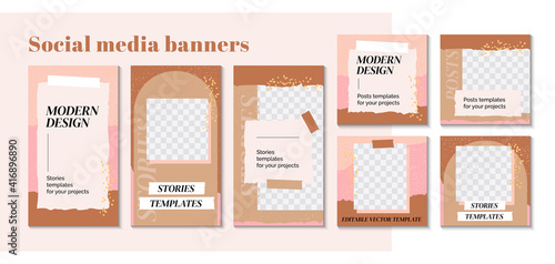 Fashion design backgrounds for mobile apps in minimalistic style. Stylish social media posts, story and photos. Editable templates with space for text. Contemporary vector Illustrationn