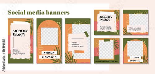 Tropical design backgrounds for mobile apps in minimalistic style. Stylish social media posts, story and photos. Editable templates with space for text. Contemporary vector Illustrationn