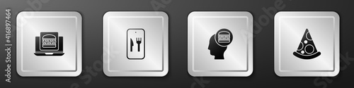 Set Online ordering burger delivery, and, and Slice of pizza icon. Silver square button. Vector.