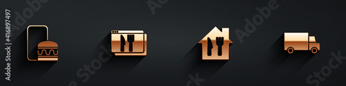 Set Online ordering and delivery, , and Fast by car icon with long shadow. Vector.