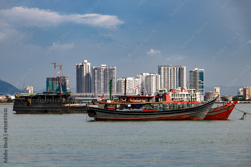 Anchored ships at George Town, Penang, Malaysia. Anchored ships at George Town, Penang, Malaysia.