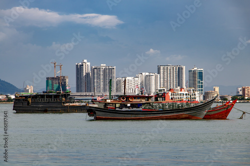 Anchored ships at George Town, Penang, Malaysia.