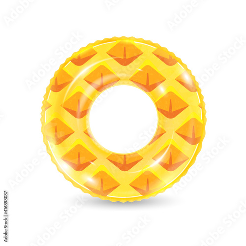 Inflatable ring looking like pineapple isolated on white background. Realistic colorful rubber swimming buoy. Vector illustration of top view at pool floater in fruit shape, beach toy