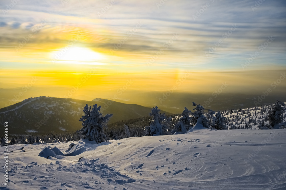 winter sunset in the mountains