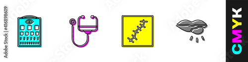 Set Eye test chart, Stethoscope, Scar with suture and Herpes lip icon. Vector.