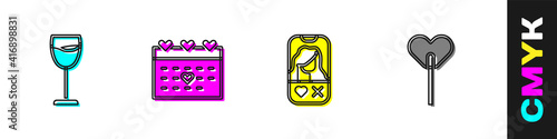 Set Wine glass, Calendar with heart, Dating app online and Lollipop icon. Vector.