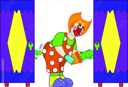 a clown in a circus puts a cactus in a vanishing cabinet, the cactus appears in another cabinet and stabs the clown 