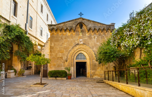 Facade of medieval Church of the Flagellation at Via Dolorosa street in eastern Islamic quarter of Jerusalem Old City in Israel