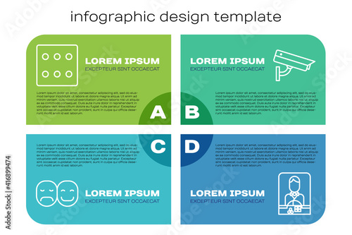 Set line Poker player, Game dice, Casino dealer and Security camera. Business infographic template. Vector.