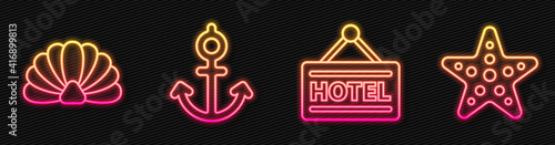 Set line Signboard with text Hotel, Scallop sea shell, Anchor and Starfish. Glowing neon icon. Vector.