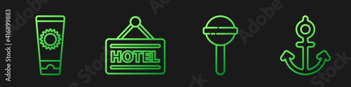 Set line Lollipop, Sunscreen cream in tube, Signboard with text Hotel and Anchor. Gradient color icons. Vector.