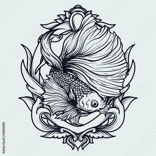 tattoo and t-shirt design black and white hand drawn betta fish engraving ornament