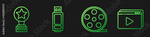 Set line Film reel, Movie trophy, USB flash drive and Online play video. Gradient color icons. Vector.