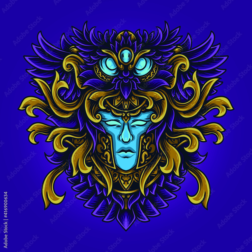 Fototapeta premium artwork illustration and t-shirt design owl and human face engraving ornament 