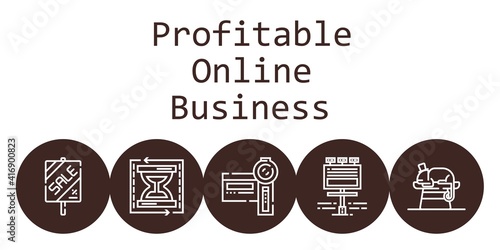profitable online business background concept with profitable online business icons. Icons related sale, chameleon, camcorder, load time, billboard