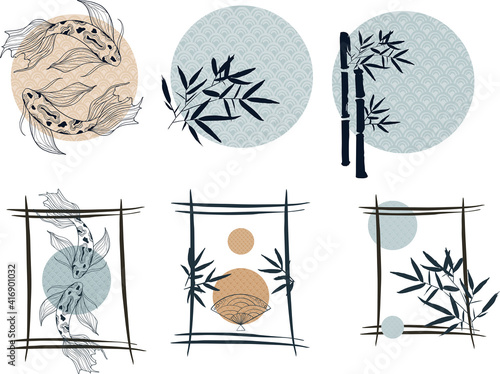 Set of pre-made Japanese design in blue, beige, cerulean color. Asian collage set with koi-fish, seigaiha, fan, bamboo leaf, line. Modern Japanese template for poster, invitation in oriental style