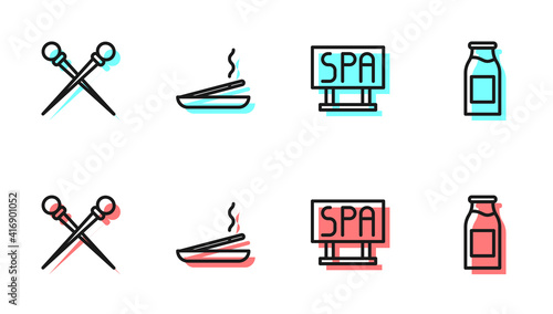 Set line Spa salon signboard, Knitting needles, Scented spa stick and Bottle with milk icon. Vector.
