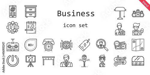 business icon set. line icon style. business related icons such as news, alarm clock, job search, pilot, kettlebell, remote control, news reporter, discount, drawer, parking meter