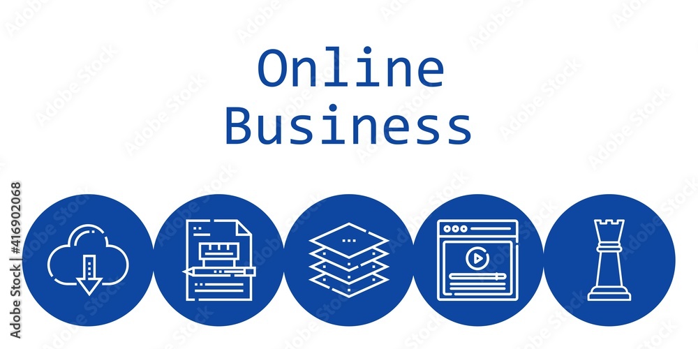 online business background concept with online business icons. Icons related contract, layers, video, cloud computing, chess piece online business background concept with online business icons. Icons related contract, layers, video, cloud computing, chess piece
