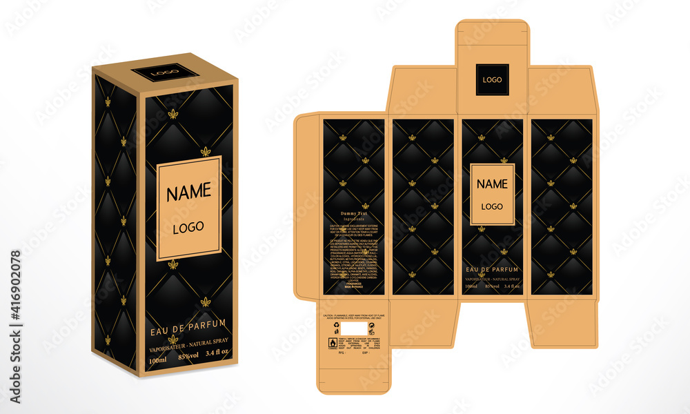 Vecteur Stock Perfume Packaging design, luxury box design template, Box die  line, 3d Box Mockup, and Design elements. Illustration Vector design  Template. | Adobe Stock