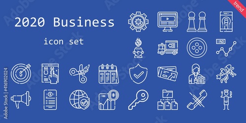 2020 business icon set. line icon style. 2020 business related icons such as calendar, megaphone, settings, smartphone, ticket, contract, chef, delivery truck, target, line chart