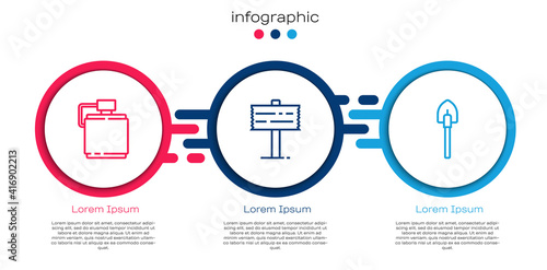 Set line Canteen water bottle, Road traffic signpost and Shovel. Business infographic template. Vector.